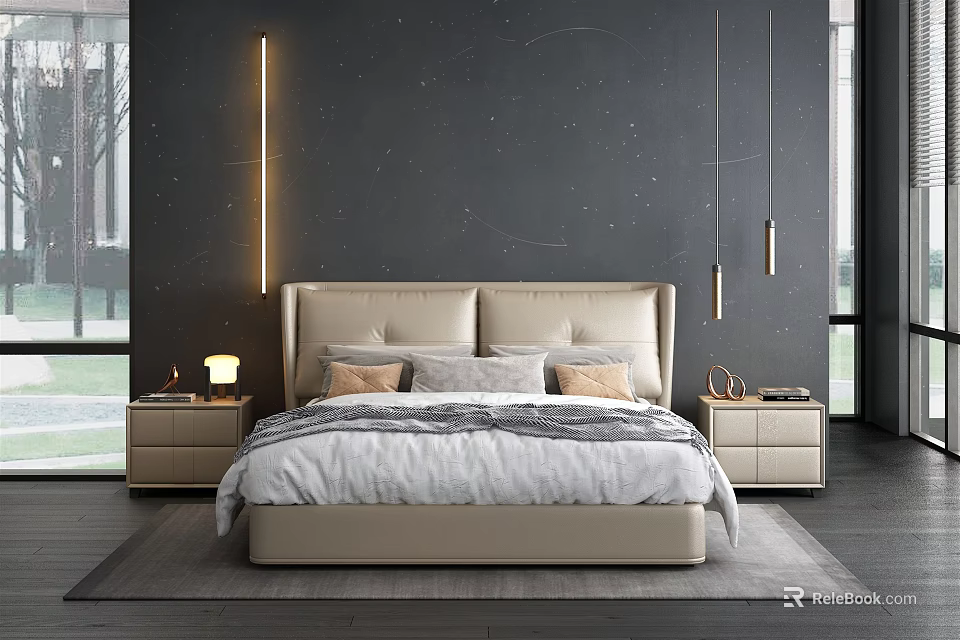 Modern Double Bed With Upholstered Headboard Neutral Bedding Bedside Lamps And Dark Wall Decor 3d model 