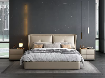 Modern Double Bed With Upholstered Headboard Neutral Bedding Bedside Lamps And Dark Wall Decor 3d model