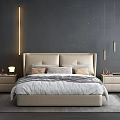 Modern Double Bed With Upholstered Headboard Neutral Bedding Bedside Lamps And Dark Wall Decor