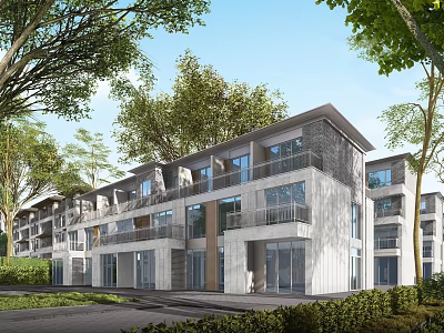Modern Multi Story Townhouse Exterior With Glass Balcony And Greenery Surrounded By Trees 3d model