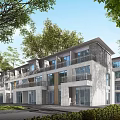 Modern Multi Story Townhouse Exterior With Glass Balcony And Greenery Surrounded By Trees