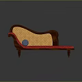 Antique Chaise Lounge With Red Upholstered Seat Yellow Patterned Backrest And Blue Cylindrical Cushion
