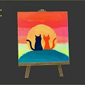 Vibrant Decorative Painting With Two Cats Sunset Rainbow Colors On Wooden Easel Home Decor