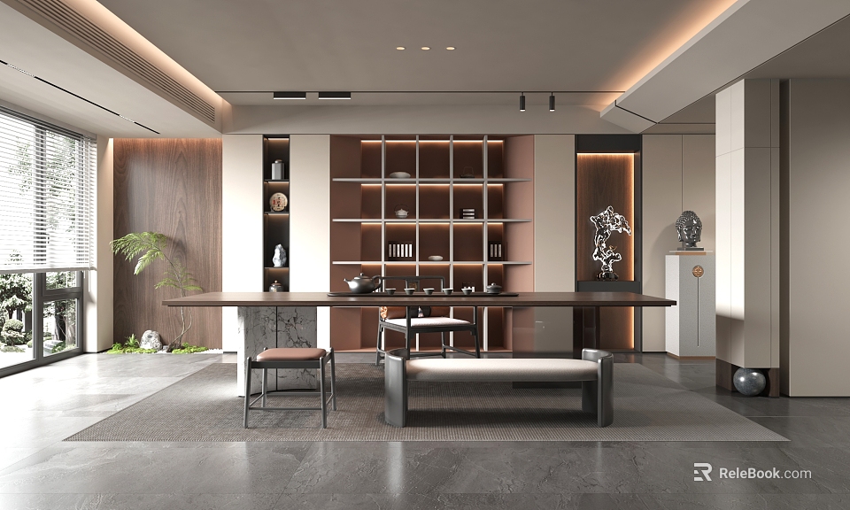 Modern Tea Room Interior Design With Wooden Shelves Long Table And Tea Sets 3d model 