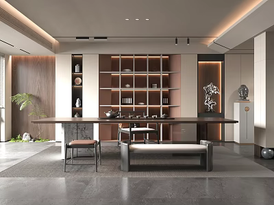 Modern Tea Room Interior Design With Wooden Shelves Long Table And Tea Sets 3d model