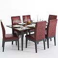 Modern Rectangular Dining Table Set With Six Red Chairs Tableware Candles And Fruits 3d model