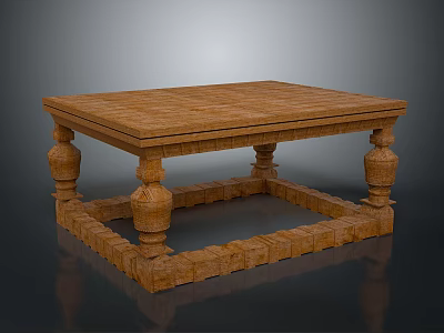 Wooden Square Table Design With Carved Legs And Square Base Structure 3d model