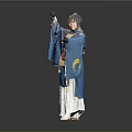 Woman in Blue Traditional Outfit With Yellow Accents and Blue Hair Posing Against Gray Background