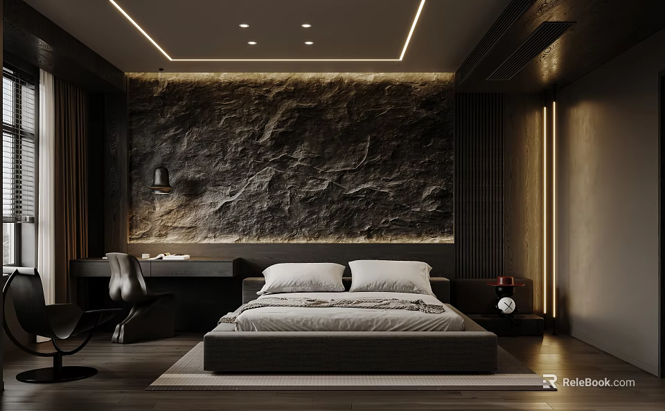 Modern Bedroom Interior Design With Stone Feature Wall And Platform Bed Setup 3d model 