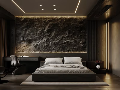 Modern Bedroom Interior Design With Stone Feature Wall And Platform Bed Setup 3d model