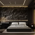 Modern Bedroom Interior Design With Stone Feature Wall And Platform Bed Setup 3d model