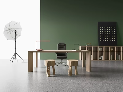Wooden Office Desk Setup With Red Lamp Black Chair Wooden Stools Green Wall And Bookshelf 3d model