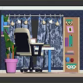 Cartoon Room Interior With Writing Desk Laptop Office Chair Bookshelf And Potted Plants