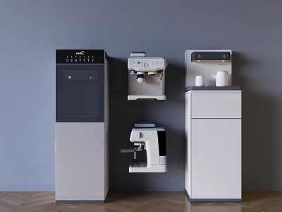 Modern Kitchen Appliances Featuring Standing And Wall Mounted Water Dispensers 3d model