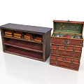 Dark Multi Layer Shelf With Yellow Items And Open Wooden Chest Containing Red Green Items