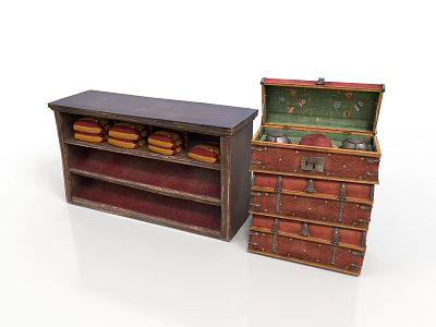 Dark Multi Layer Shelf With Yellow Items And Open Wooden Chest Containing Red Green Items 3d model