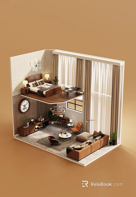 Modern Warm Wood Tone Living Room With Cozy Sofas And Comfortable Upper Mezzanine Space 3d model 