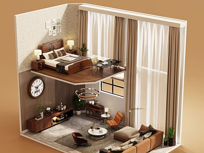 Modern Warm Wood Tone Living Room With Cozy Sofas And Comfortable Upper Mezzanine Space 3d model