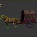 Traditional Horse Drawn Carriage With Brown Horse Purple Saddle And Carved Wooden Wheels