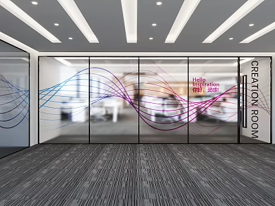 Creation Room Interior With Glass Partition Colorful Wavy Lines And Office Elements 3d model