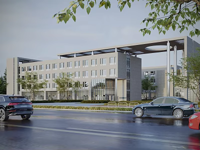 Modern Office Building Exterior Design With Large Glass Windows Surrounding Trees Road And Cars 3d model