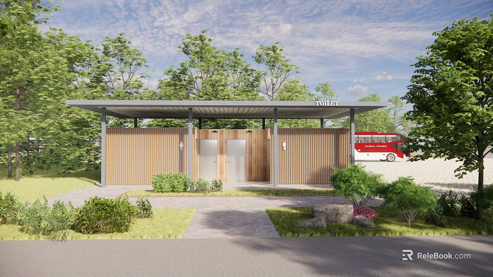 Outdoor Wooden Covered Structure Surrounded By Greenery Trees And Red Bus 3d model