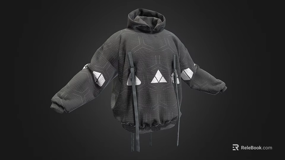 Fashionable Loose Fit Gray Hoodie With Geometric Pattern White Triangle Accents And Drawstrings 3d model 
