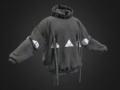 Fashionable Loose Fit Gray Hoodie With Geometric Pattern White Triangle Accents And Drawstrings 3d model
