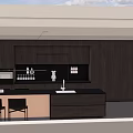 Modern Restaurant Kitchen Interior With Dark Wooden Cabinets Island Counter And Black Chairs