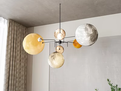 Modern Chandelier with Gold Metal Frame and Moon Inspired Spherical Globes in Living Room Interior 3d model