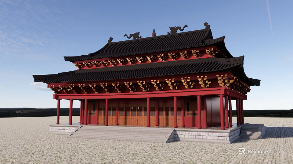 Ancient Chinese Architecture Featuring Double Tiered Roof Black Tiles Red Pillars and Stone Steps 3d model 