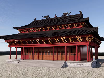 Ancient Chinese Architecture Featuring Double Tiered Roof Black Tiles Red Pillars and Stone Steps 3d model