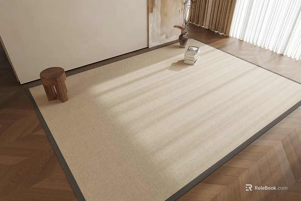 Beige Square Area Rug with Black Border on Wooden Floor with Sunlight and Small Stool 3d model 