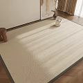 Beige Square Area Rug with Black Border on Wooden Floor with Sunlight and Small Stool