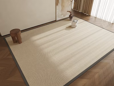 Beige Square Area Rug with Black Border on Wooden Floor with Sunlight and Small Stool 3d model