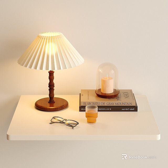 Table Lamp With Wooden Base White Pleated Shade Books Glass Dome Candle Glasses Small Cup 3d model 