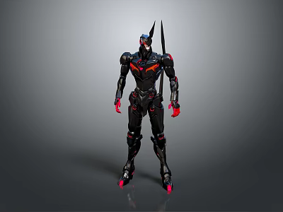 Futuristic Character in Black Red Armor with Spiked Helmet Standing Pose Design 3d model