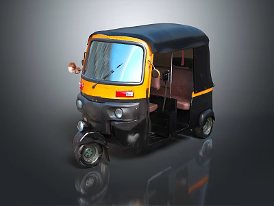 Yellow And Black Three Wheeled Auto Rickshaw With Open Cabin And Front Windshield 3d model
