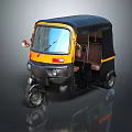 Yellow And Black Three Wheeled Auto Rickshaw With Open Cabin And Front Windshield