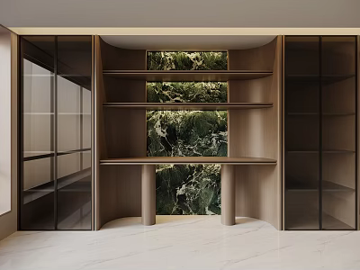 Modern Wooden Sideboard With Glass Doors Open Shelves And Greenery Backdrop 3d model