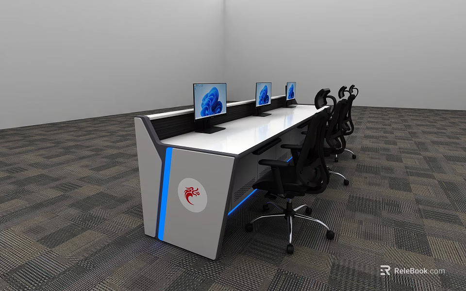 Office Workstation With Computer Monitors Black Chairs Blue LED Strip Red Side Logo Gray Carpet 3d model 