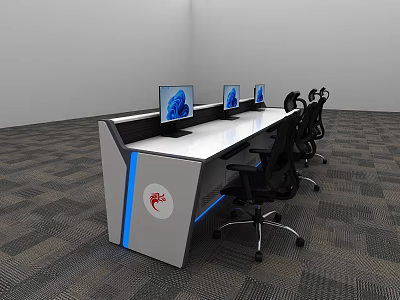 Office Workstation With Computer Monitors Black Chairs Blue LED Strip Red Side Logo Gray Carpet 3d model