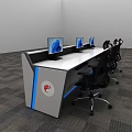 Office Workstation With Computer Monitors Black Chairs Blue LED Strip Red Side Logo Gray Carpet