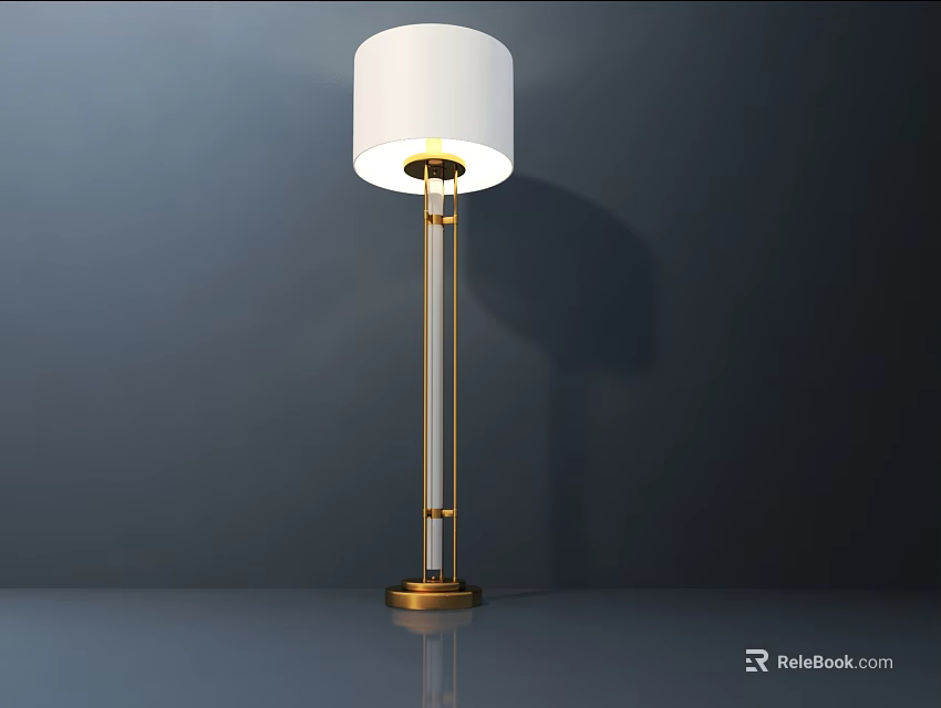 Illuminated Floor Lamp With White Lampshade Golden Pole And Reflection On Dark Surface 3d model 