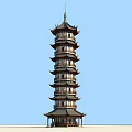 Traditional Chinese Pagoda with Multiple Floors and Curved Eaves Against Blue Sky