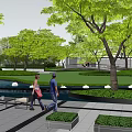 Tranquil Park Landscape With Green Trees Stone Pathways Water Ponds Seating Areas And People Walking