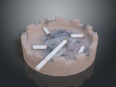 Light Brown Round Crenellated Ashtray With Cigarettes And Ash On Dark Background 3d model