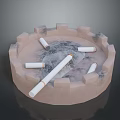 Light Brown Round Crenellated Ashtray With Cigarettes And Ash On Dark Background