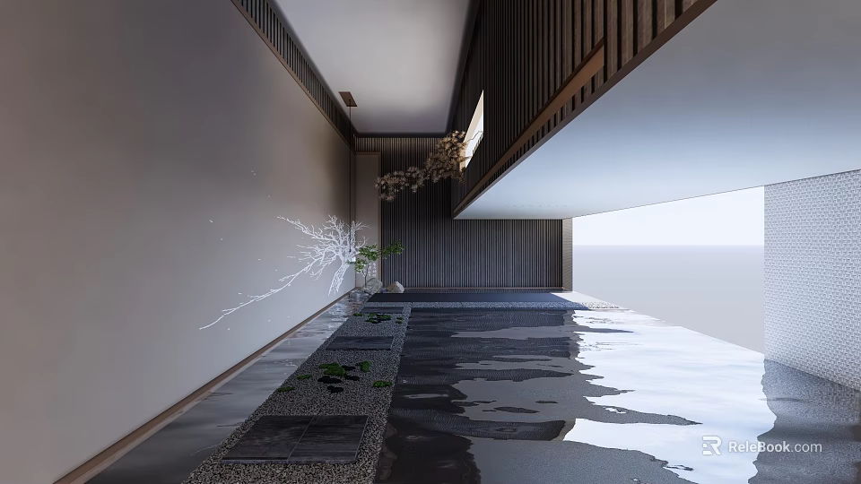 Modern Elevator Hallway Interior With Wooden Panels Water Reflection And Stone Decor 3d model