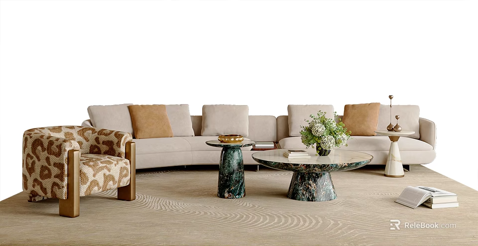 Beige Sofa With Brown Cushions And Round Coffee Tables In Modern Living Room 3d model 